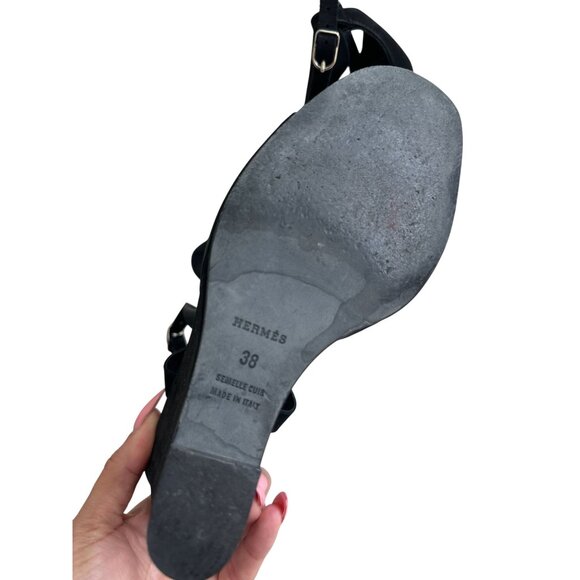 HERMES Black Suede Ankle Strap Wedges Sandals Size 8 - Picture 11 of 12